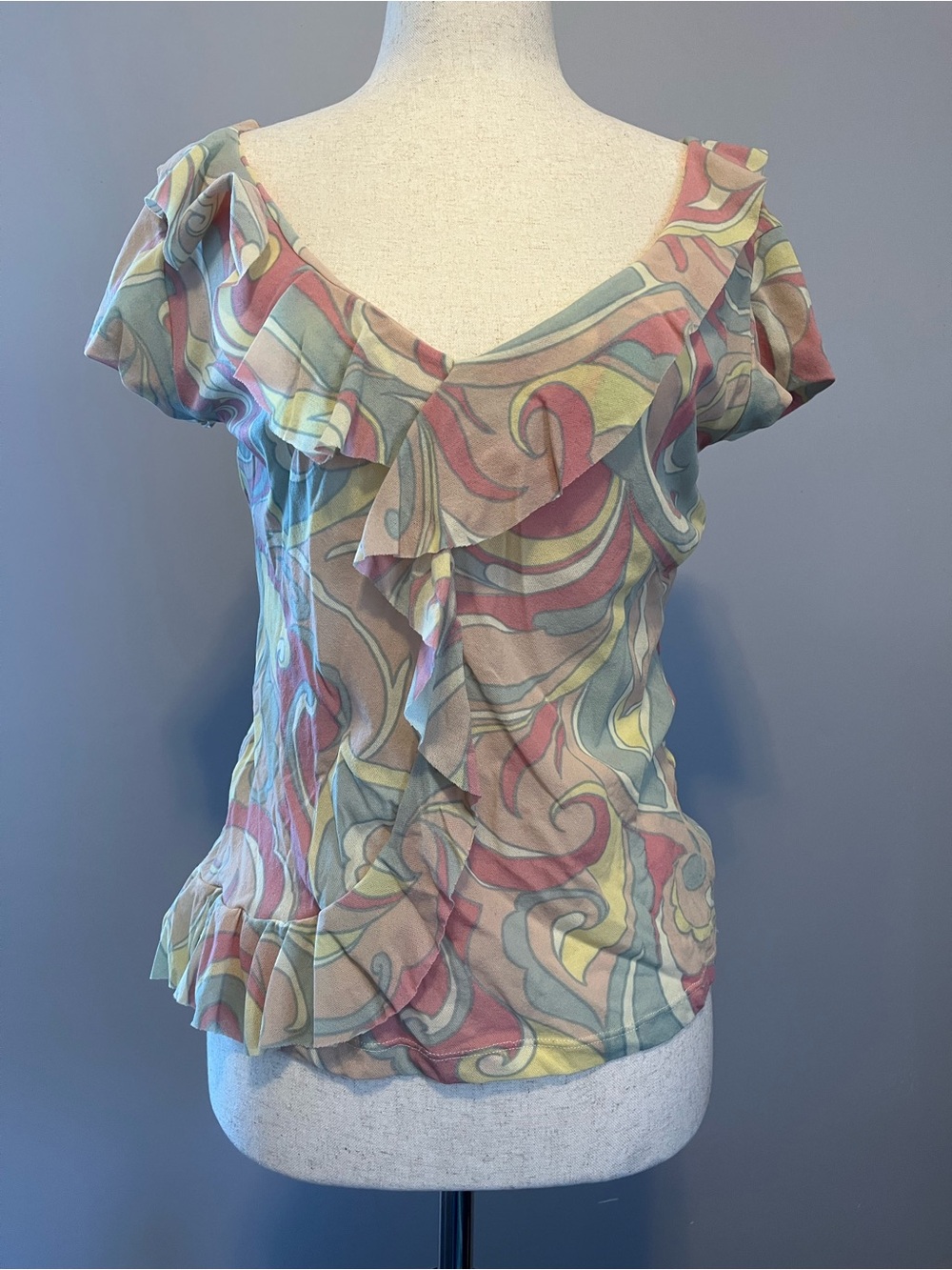 Ruffled V-Neck Sheer Patterned Women's Top in Multicolor